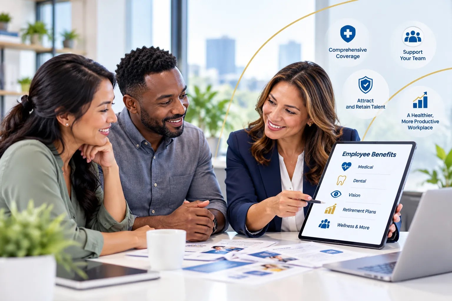 Employee benefits consultation covering medical, dental, vision and retirement plans