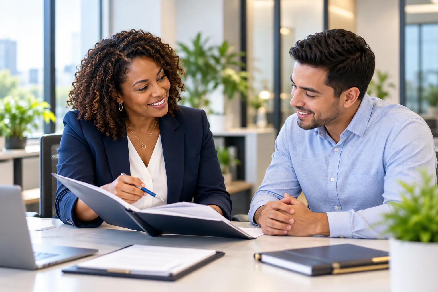 HR professional guiding a new employee through onboarding documents